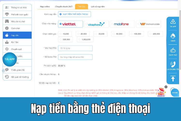 Giao dịch nạp tiền 123B bằng hình thức thẻ cào