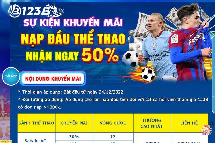 Khuyến mãi 123B nạp tiền lần đầu tại chuyên mục thể thao lên tới 50%