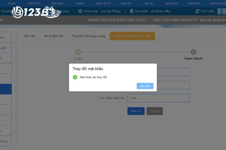 Xác nhận việc thay đổi mật khẩu tại nhà cái 123B