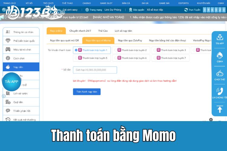 Nạp tiền 123B với ví Momo