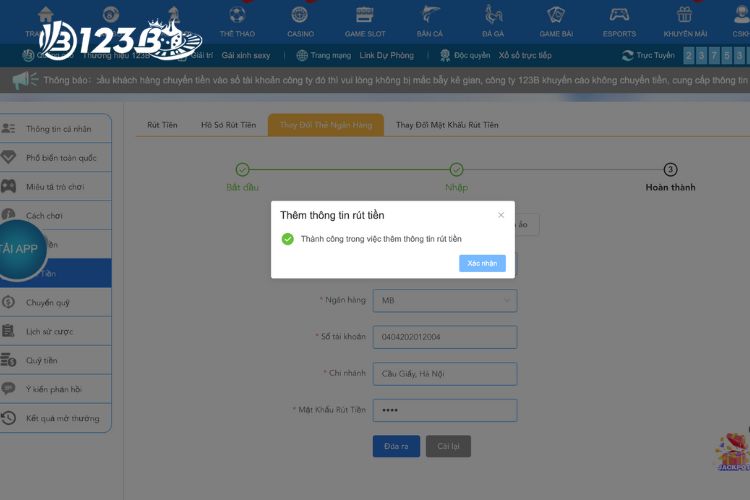 Thông báo thành công trong việc thêm thông tin rút tiền
