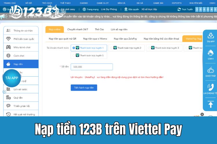 Thực hiện 123B nạp tiền tại Viettel Pay